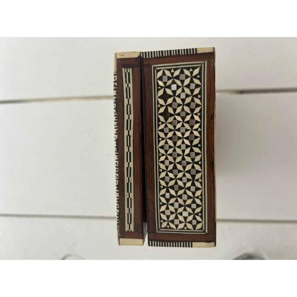Vintage Marquetry Inlay Jewelry Box Mother of Pearl Bone Mosaic Trinket Box